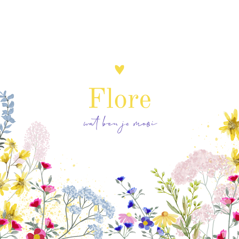Vrolijk geboortekaartje met kleurrijke bloemen voor een meisje