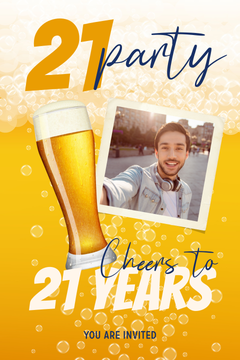 21 party uitnodiging verjaardag voor een man met foto en bier