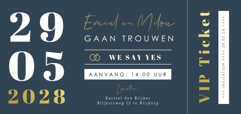 Ticket trouwkaart met luxe goudfolie