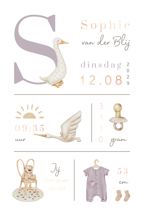 Boho geboortekaartje met voorletter, symbolen en foliedruk