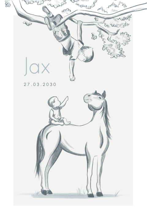 Getekend jongens geboortekaartje met grote broer en paard