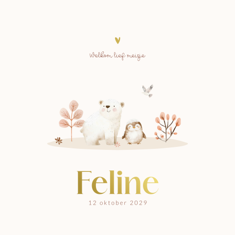 IJsbeer en pinguïn geboortekaartje voor een meisje met foliedruk