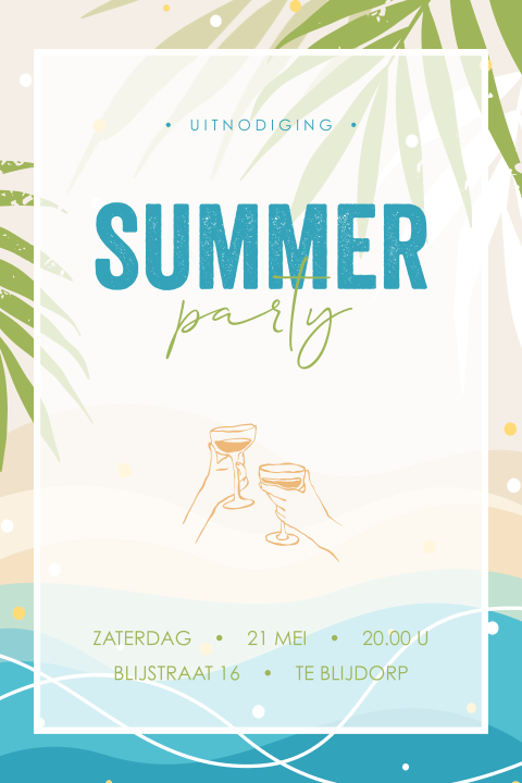 Summer party uitnodiging met zomerse cocktail, zee en strand