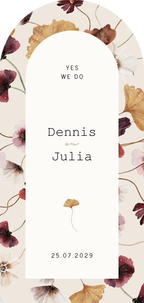 Bloemen trouwkaart in boogvorm met kader