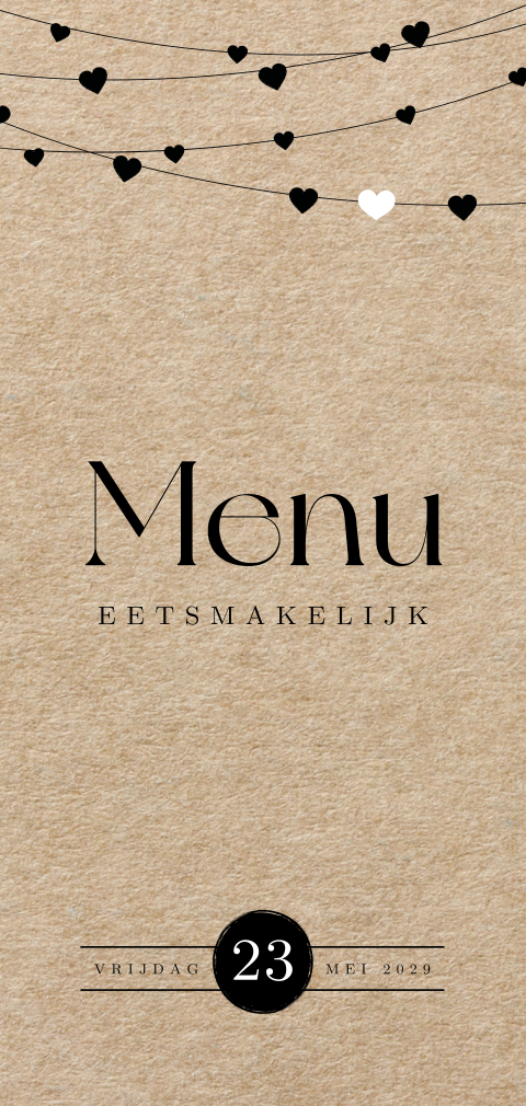 Menukaart bruiloft met hartjesslinger op kraft karton look