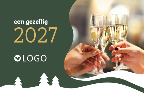Zakelijke kerstkaart goed doel met foto champagne en sneeuw