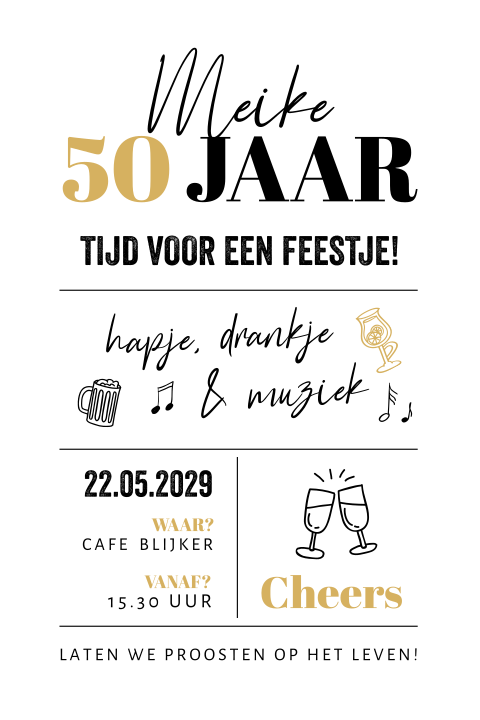 Uitnodiging 50 jaar hip en proost ''tijd voor een feestje''