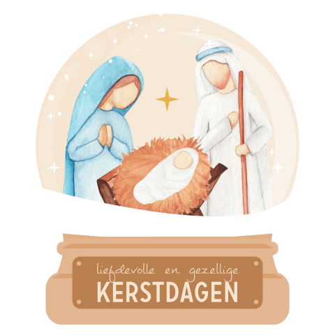 Unieke vorm kerstkaart sneeuwbol met Jozef, Maria en Jezus