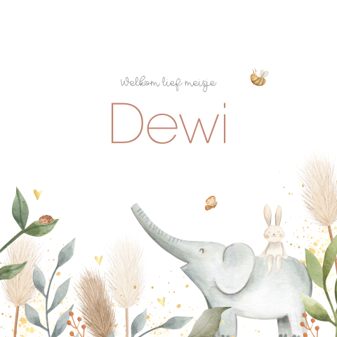 Lief meisjeskaartje met olifantje en konijntje