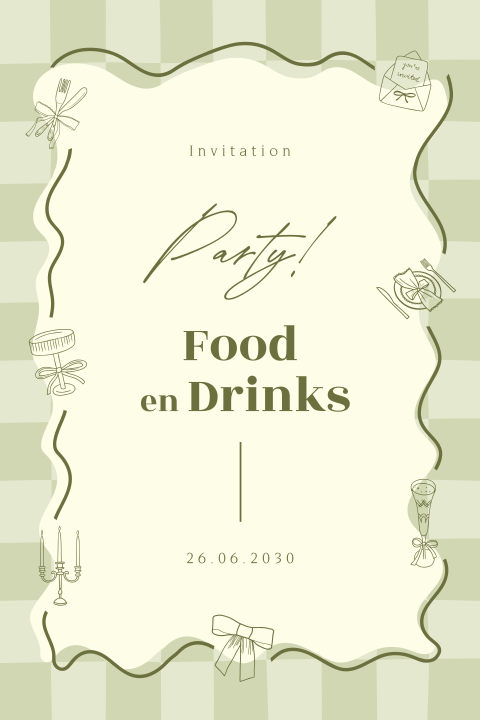 Uitnodiging verjaardag met blokjes en illustraties eten en drinken