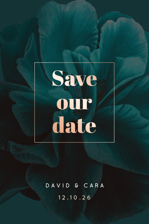 Foliedruk Save the Date kaart met ronde hoeken en bloem
