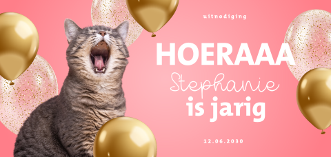 Grappige verjaardagsuitnodiging met poes die hoeraaa zegt