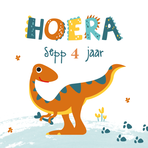 Verjaardagskaart voor een kind met dino en Hoera