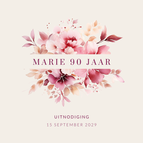 Verjaardag uitnodiging 90 jaar met aquarel bloemen