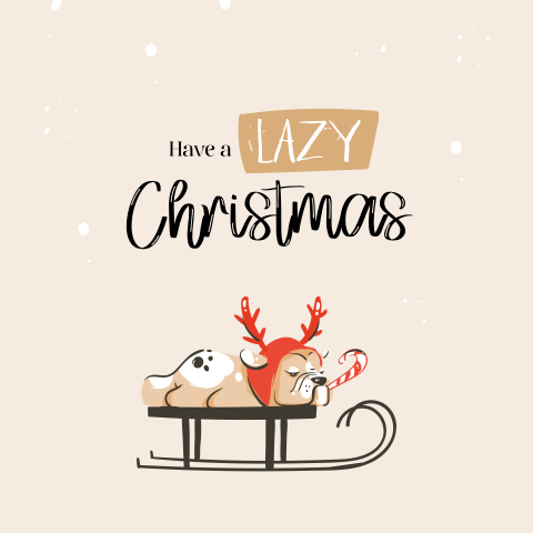 Kerstkaart hond op slee Lazy Christmas