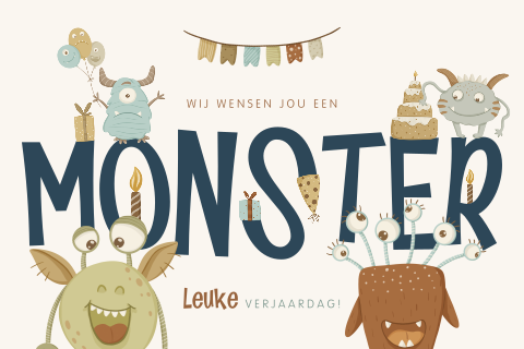 Grappige verjaardagskaart kind met monsters, cadeautjes en taart