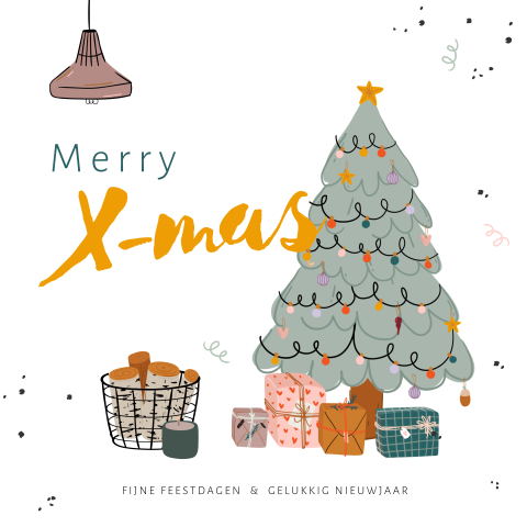 Kerstkaart met kerstboom en cadeautjes