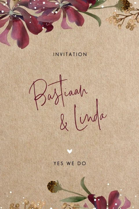 Karton look trouwkaart met sierlijke bloemen