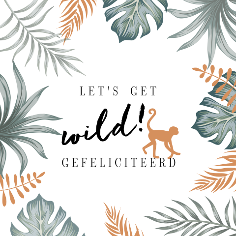 Jungle verjaardagskaart met aapje en botanische bladeren