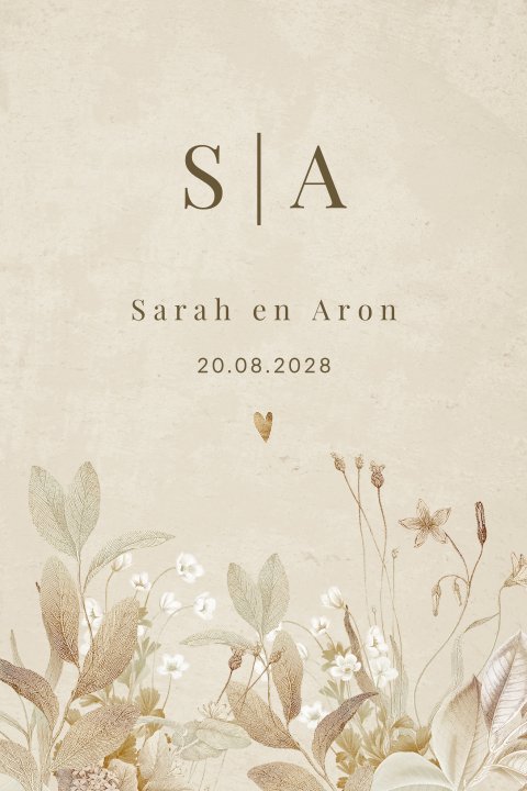 Trouwkaart vintage met bloemen en initialen