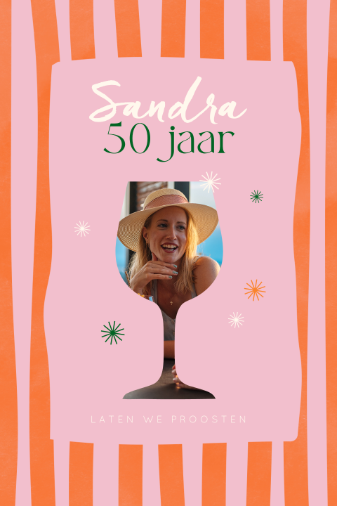 Kleurrijke 50 jaar uitnodiging verjaardag met foto in wijnglas