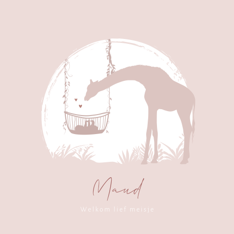 Silhouet kaartje meisje in wieg en giraffe