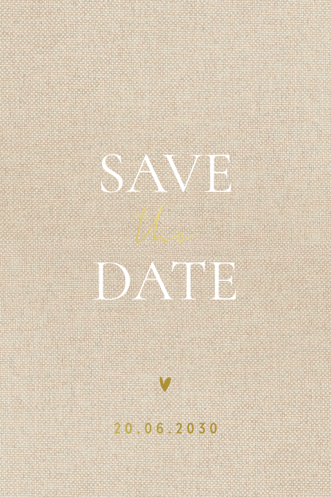 Neutrale Save the Date kaart met linnenlook en goudfolie