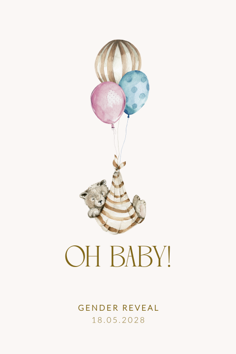 Uitnodiging gender reveal met beertje en ballonnen