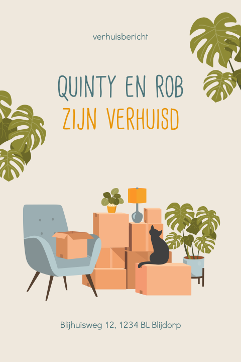 Verhuisbericht met verhuisdozen en kat