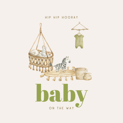 Felicitatiekaart "Baby on the way" met rotan wiegje