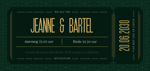 Stoere trouwkaart in ticketvorm met art deco bloemen