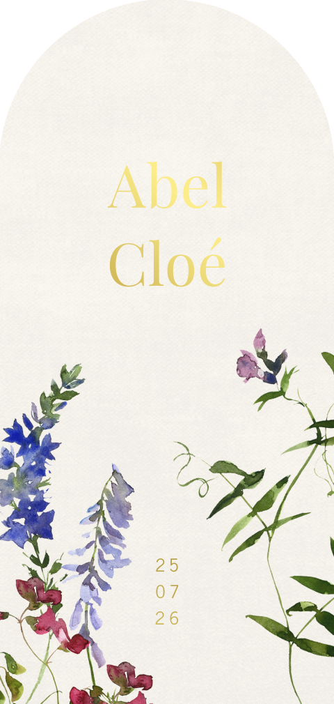 Bloemen huwelijksuitnodiging in arch vorm met goudfolie