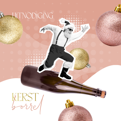 Kerstborrel zakelijk met surfende kerstman op een champagnefles met folie