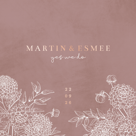 Roséfolie trouwkaart met getekende bloemen