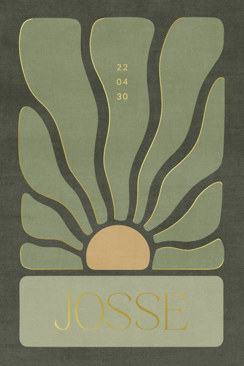 Geboortekaartje jongen met organische zon met zonnestralen en folie