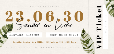 Botanische ticket trouwkaart met linnenlook