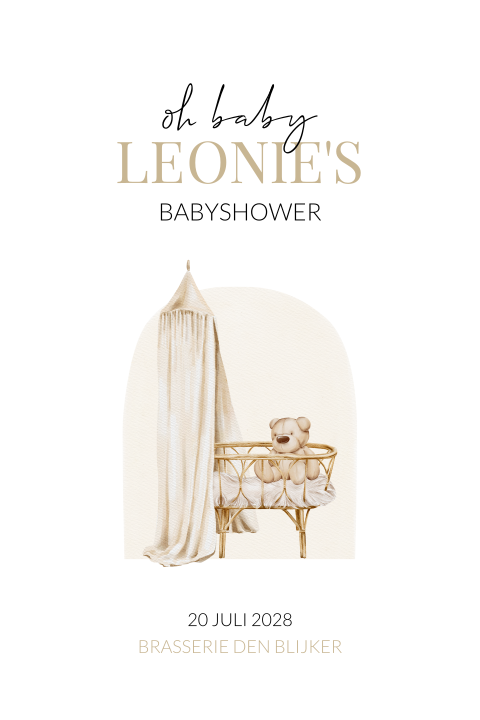 Trendy babyshower uitnodiging met teddybeertje in rotan wieg