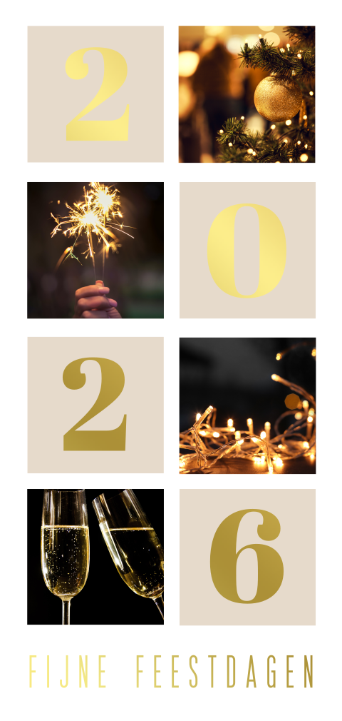 Feestelijke zakelijke kerstkaart met foto's, goudfolie en logo