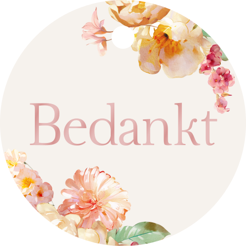 Rond bloemen labeltje bedankt met hoogglans - per 16 stuks