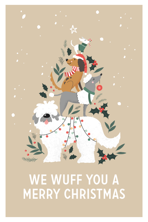Kerstkaart met honden kerstboom en sneeuw