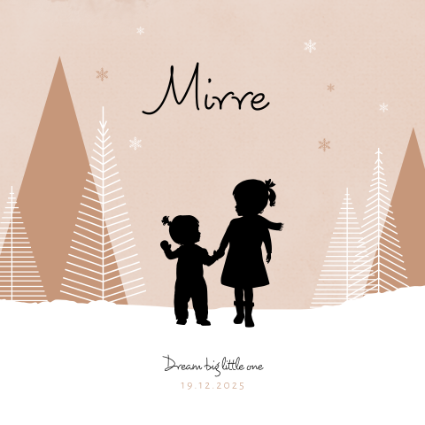 2 zusjes in de sneeuw winter silhouet geboortekaartje