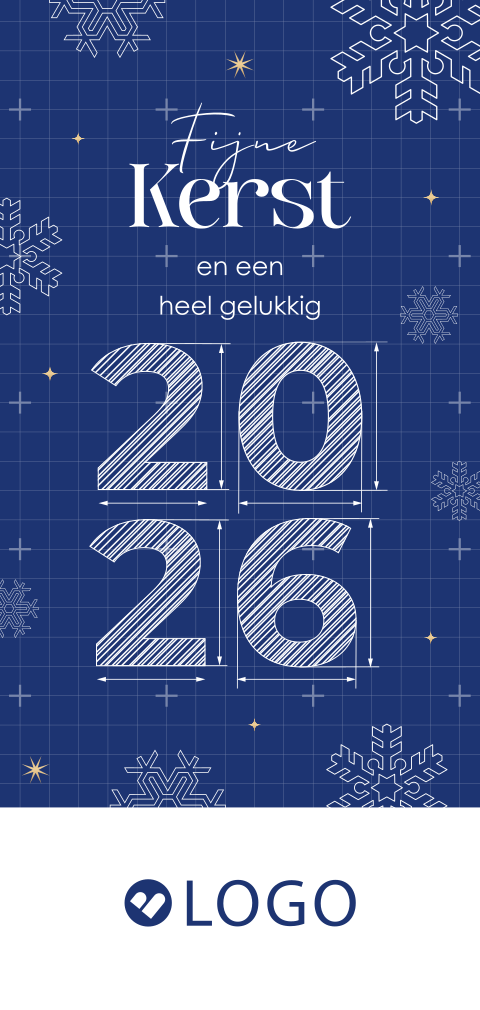Zakelijke kerstkaart met bouwtekening jaartal 2026 en ijskristallen