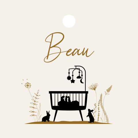 Nude geboortelabeltje met wiegje, bloemen en konijntjes (per 16 stuks)