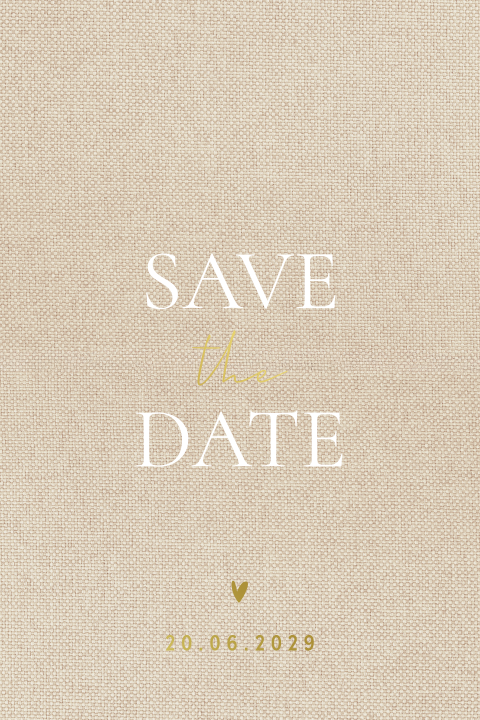 Neutrale Save the Date kaart met linnenlook en goudfolie