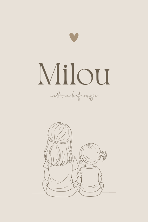 Lijntekening geboortekaartje van een grote zus met haar kleine zusje