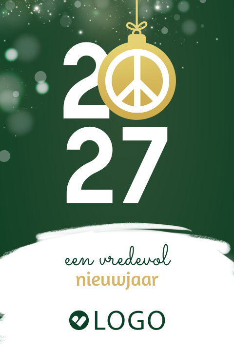 Zakelijke kerstkaart met kerstbal met peace teken, jaartal en logo
