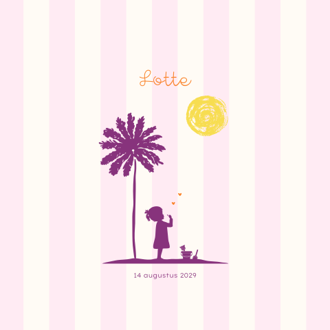 Zomers geboortekaartje voor een meisje met silhouet op strand