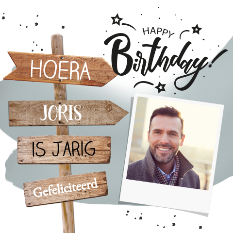 Houten wegwijs bordjes verjaardagskaart man met foto