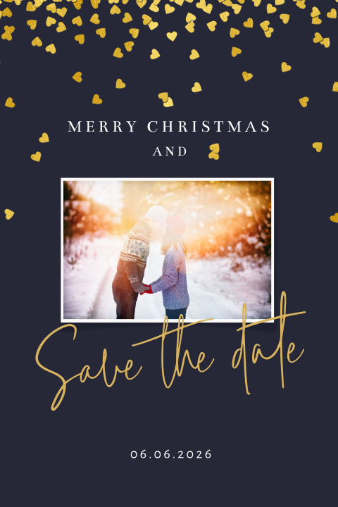 Hippe Save the Date kerstkaart met foto en hartjes