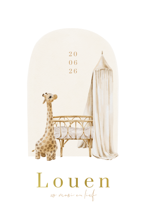 Luxe genderneutraal geboortekaartje met wieg en girafje